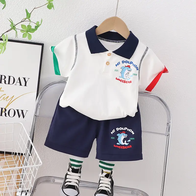 Boys Striped POIO Shirt Set Dolphin Summer Short Sleeve 2023