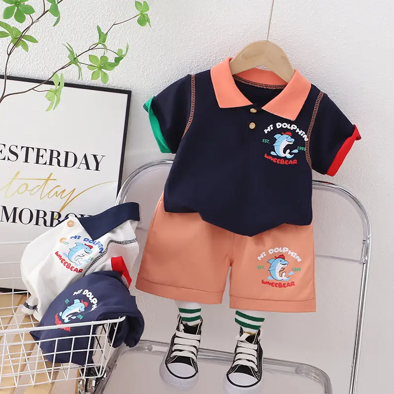 Boys Striped POIO Shirt Set Dolphin Summer Short Sleeve 2023