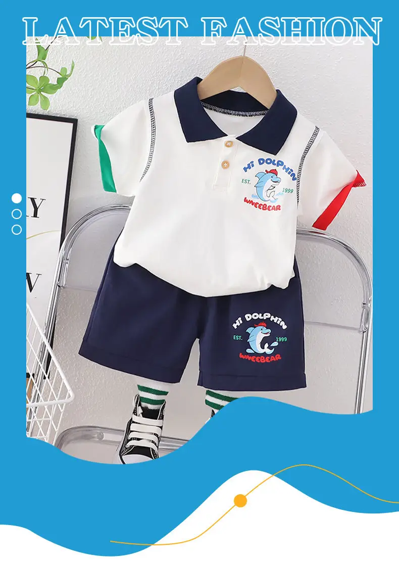 Boys Striped POIO Shirt Set Dolphin Summer Short Sleeve 2023 — feature 1