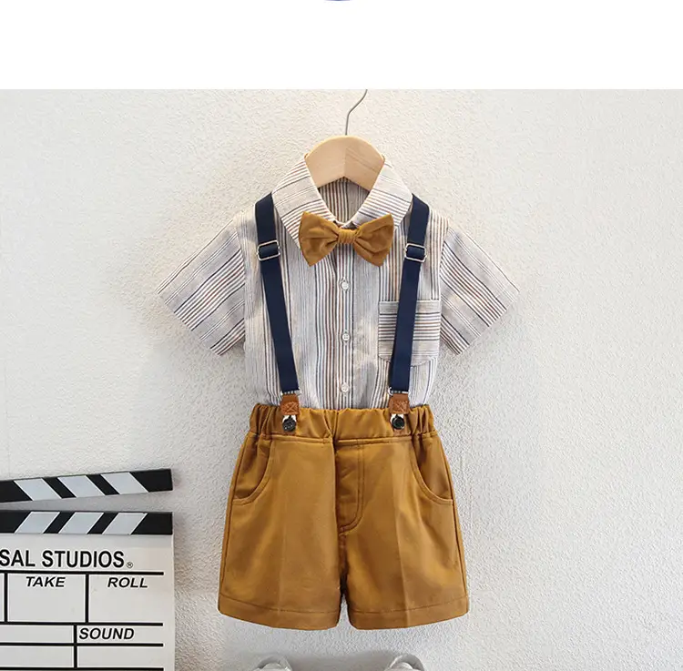 Children's British Style Shorts Suit Brown Short Sleeve Top with Bow — feature 10