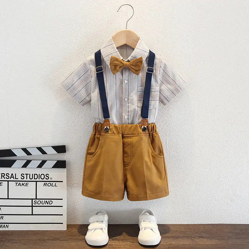 Children's British Style Shorts Suit Brown Short Sleeve Top with Bow - Image 2