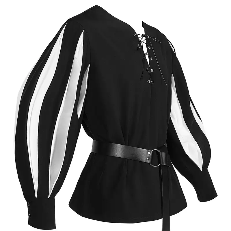 2025 Men Medieval Color Block Shirt Black Red Belted - Image 9