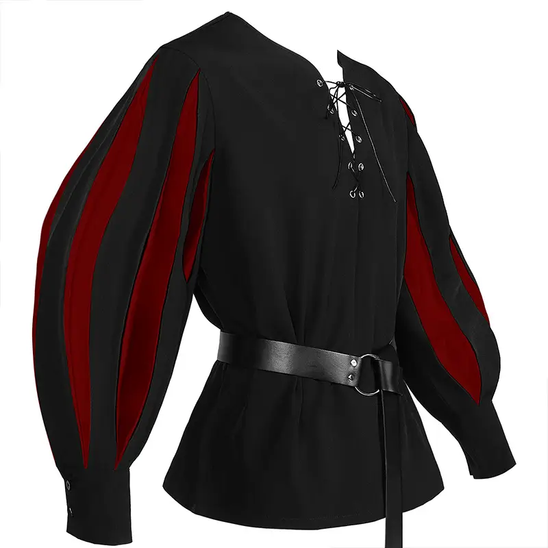 2025 Men Medieval Color Block Shirt Black Red Belted - Image 10