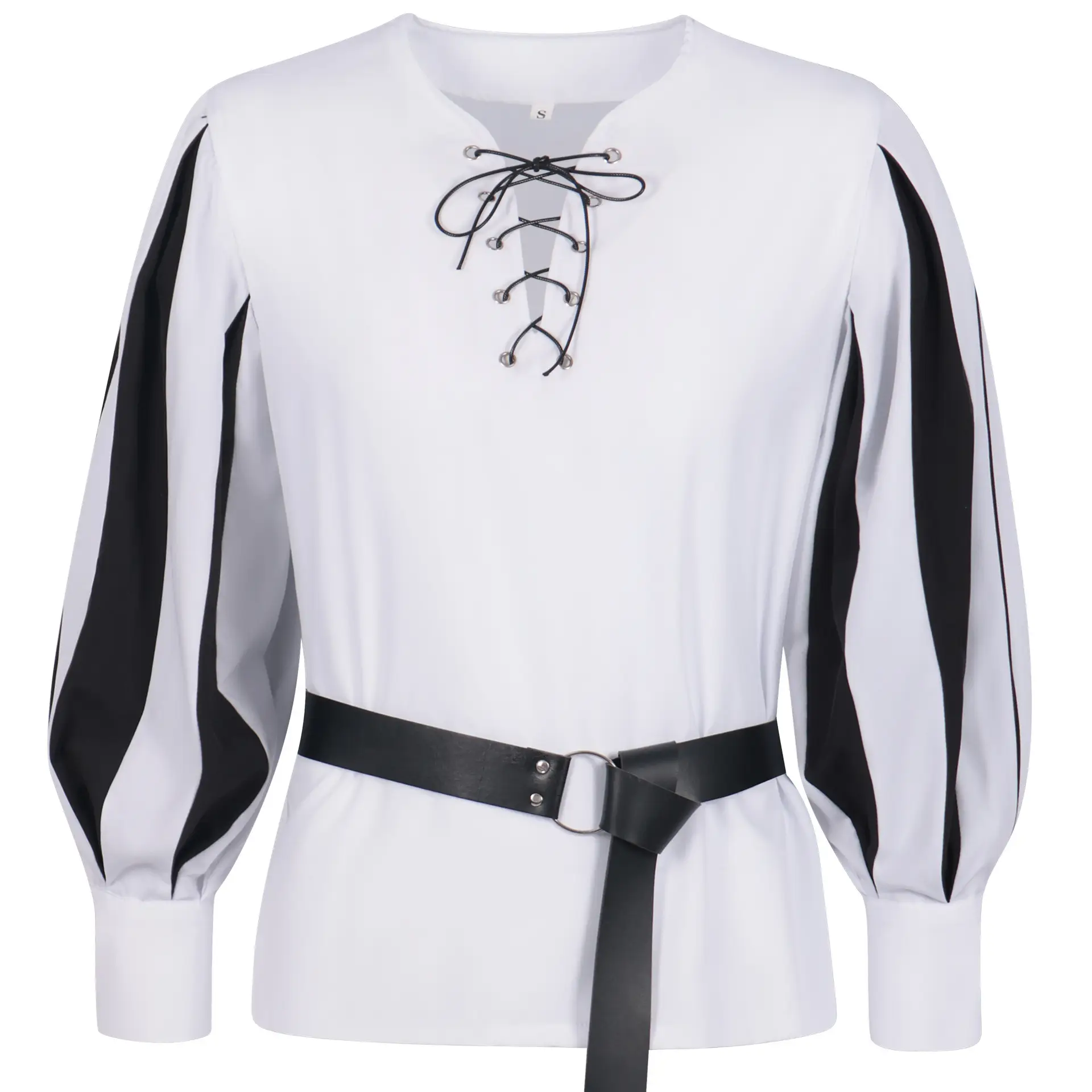 2025 Men Medieval Color Block Shirt Black Red Belted — feature 10