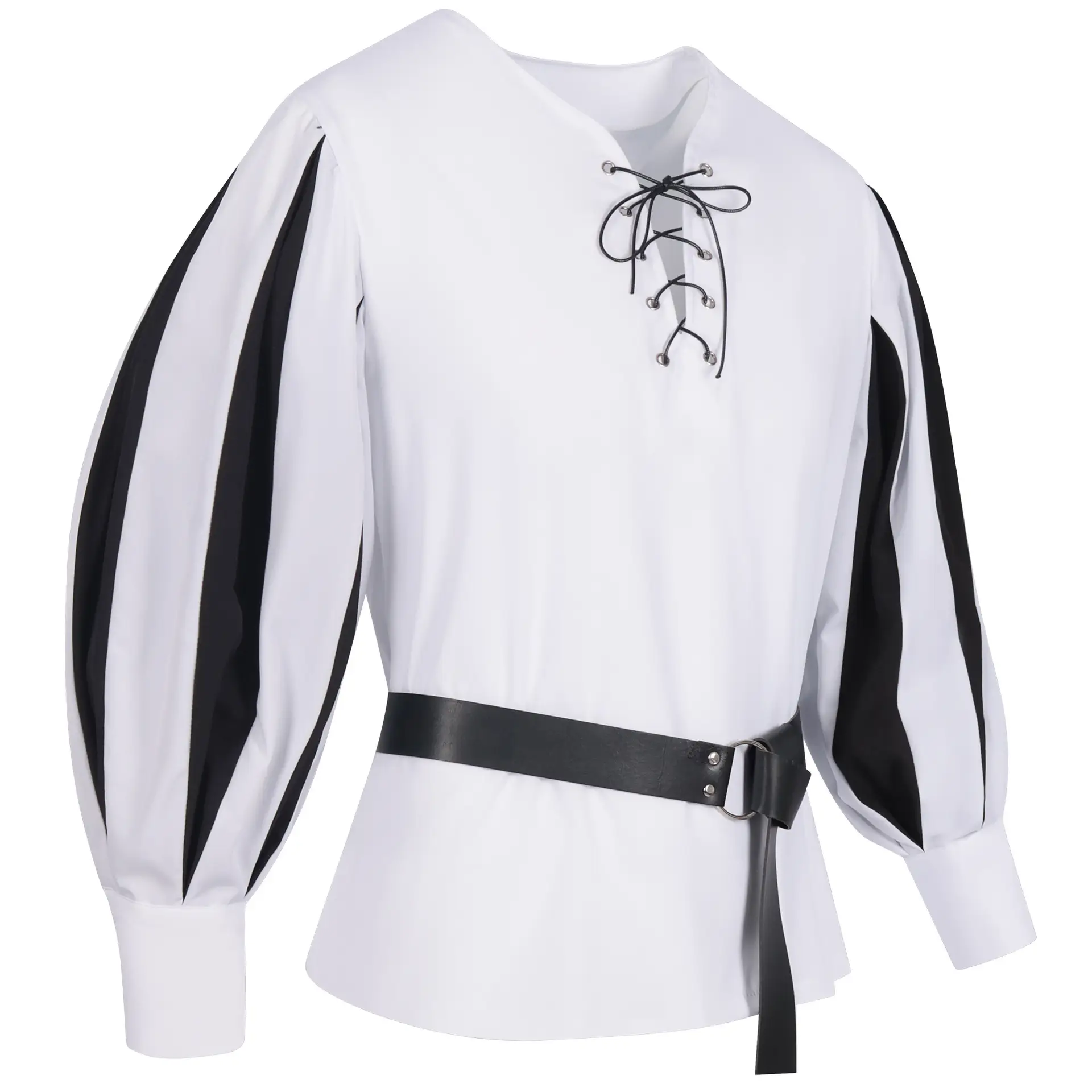2025 Men Medieval Color Block Shirt Black Red Belted — feature 11