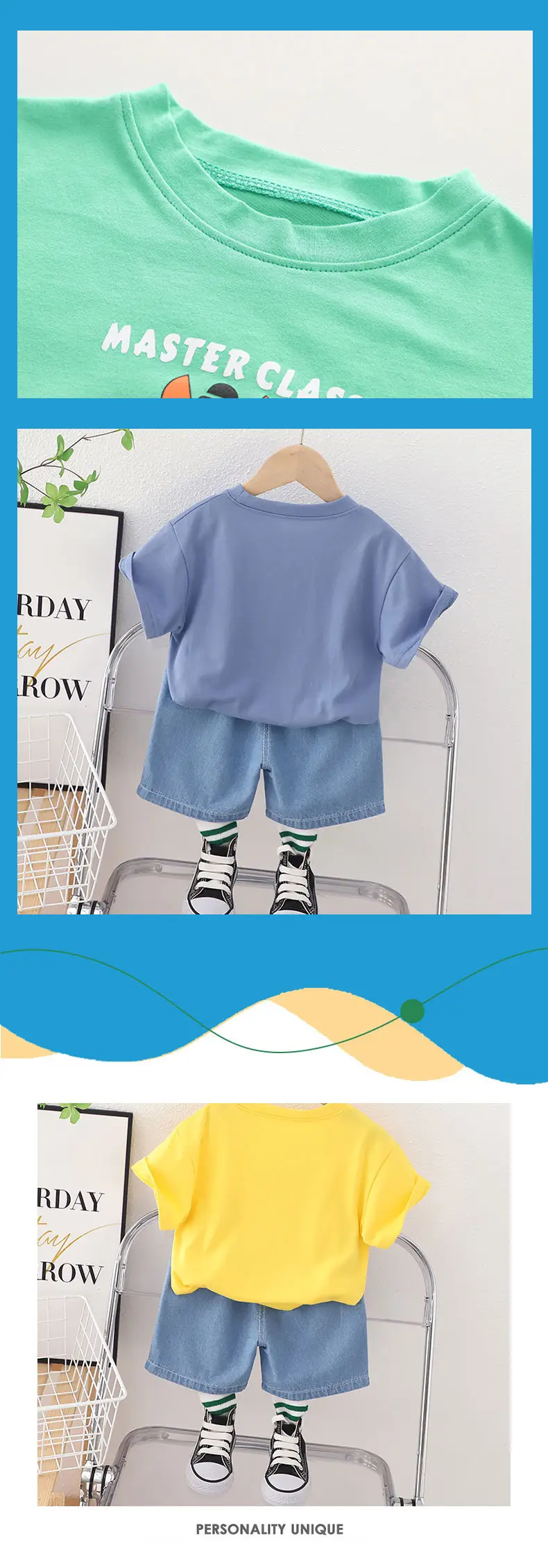 2023 Kids Monster T-Shirt Shorts Set Green Blue — feature 6