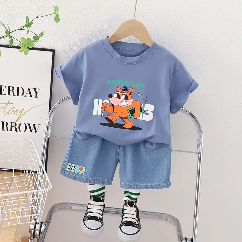 2023 Kids Monster T-Shirt Shorts Set Green Blue - Image 2