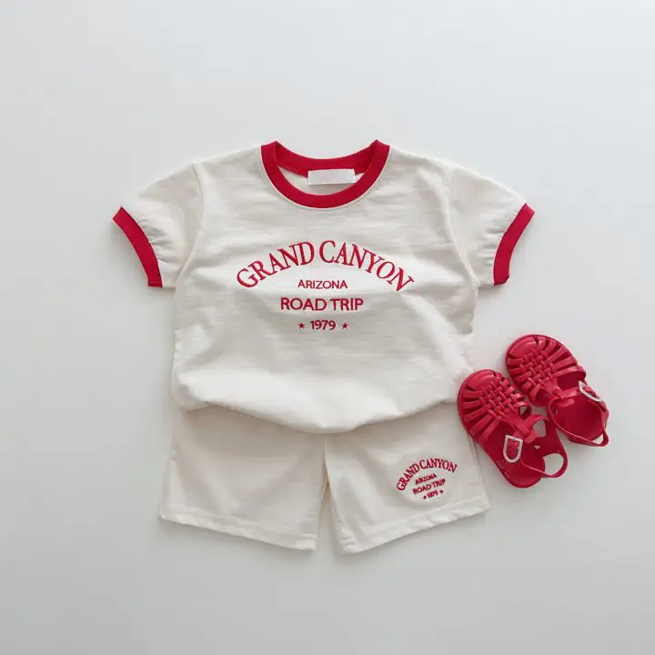 Kids Cotton Summer Pants Set Gray Black Road Trip Design - Image 2