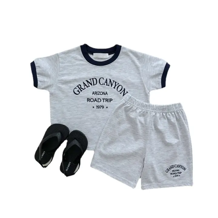Kids Cotton Summer Pants Set Gray Black Road Trip Design - Image 6