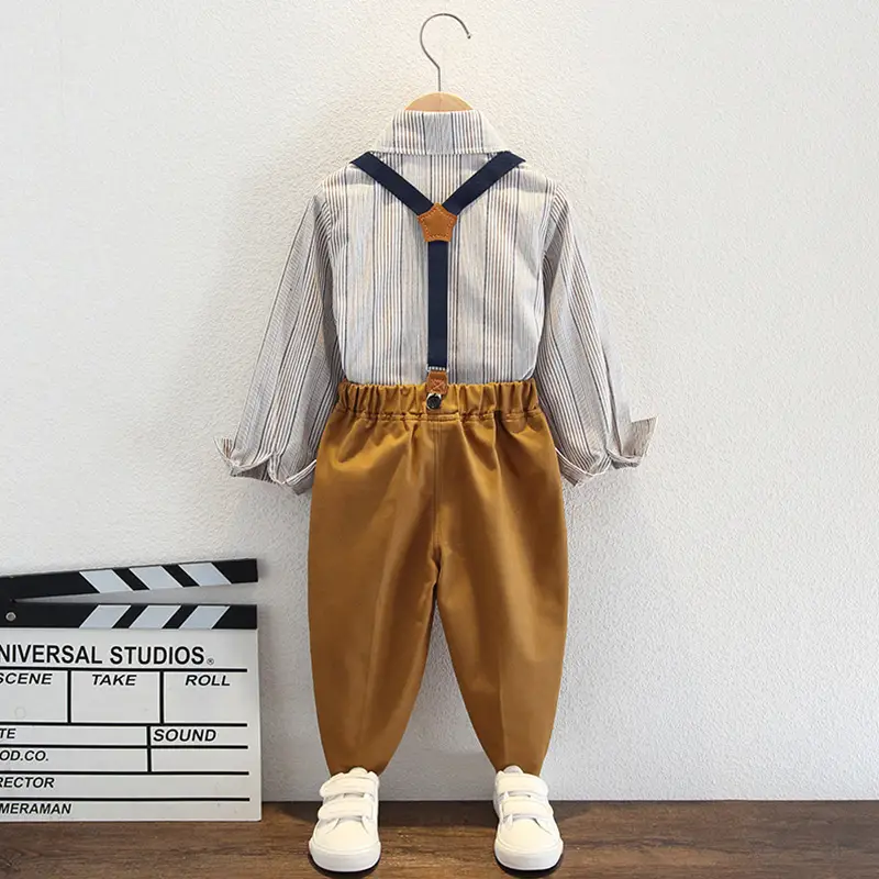 Men Long Sleeve Shirt With Suspender Pants Brown Trousers Set - Image 7