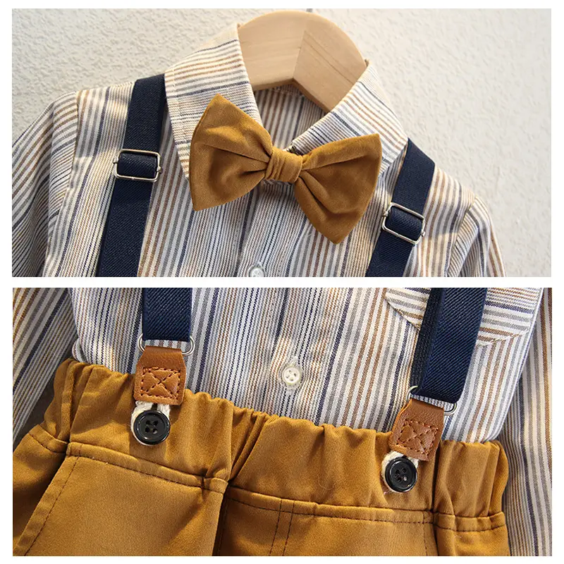 Men Long Sleeve Shirt With Suspender Pants Brown Trousers Set - Image 8