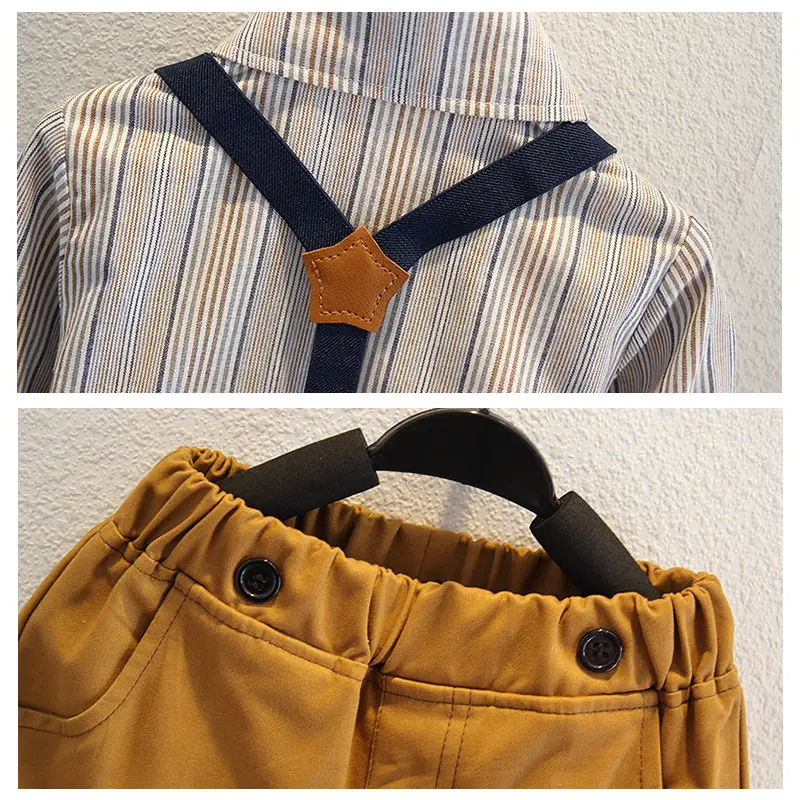 Men Long Sleeve Shirt With Suspender Pants Brown Trousers Set - Image 9