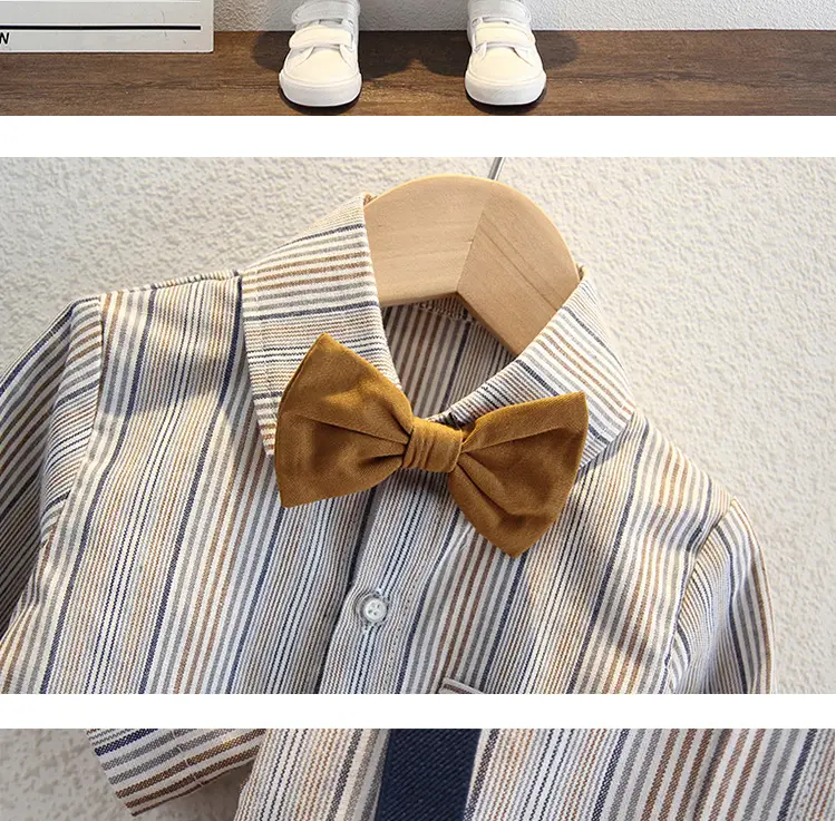 Men Long Sleeve Shirt With Suspender Pants Brown Trousers Set — feature 11