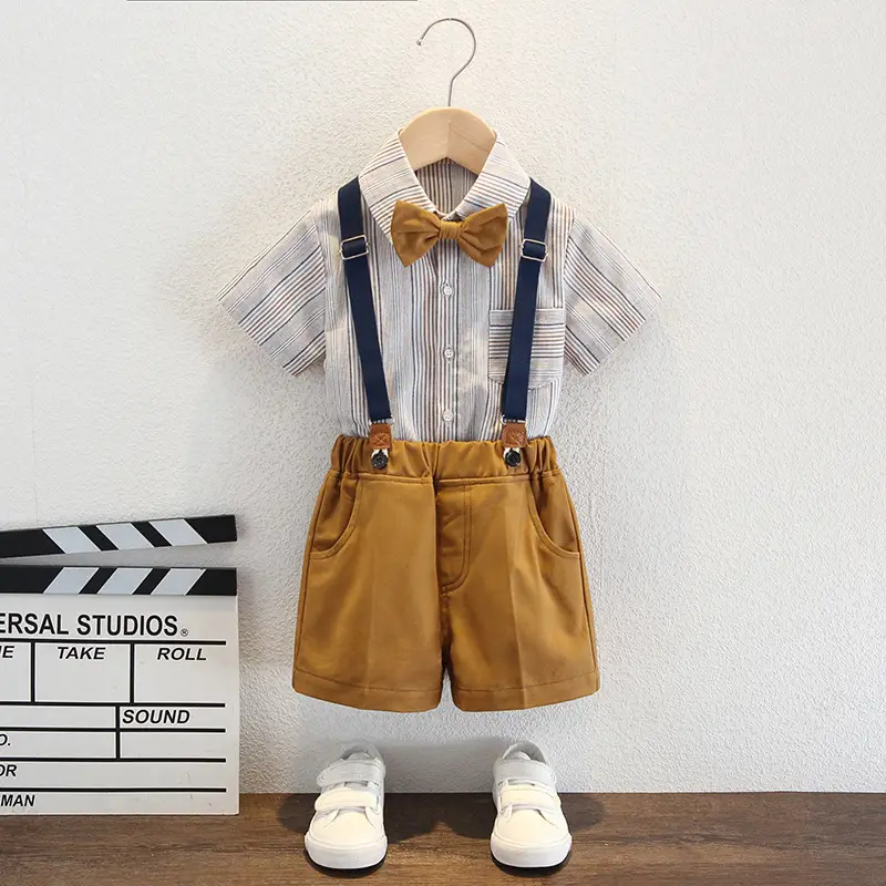 Men Long Sleeve Shirt With Suspender Pants Brown Trousers Set - Image 3