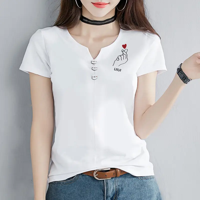 Women White V-Neck T-Shirt Slim Fit Short Sleeve - Image 3