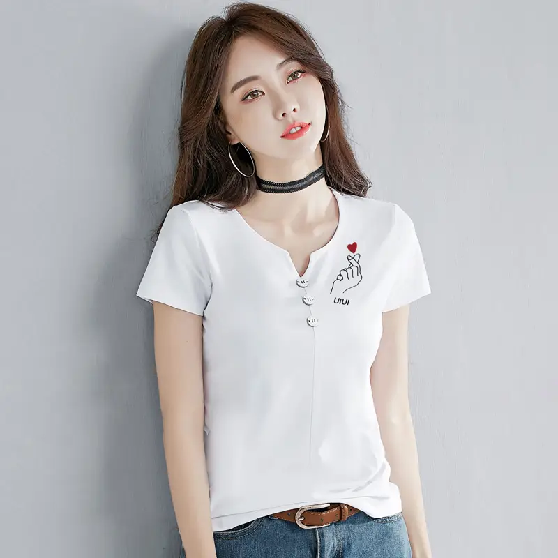 Women White V-Neck T-Shirt Slim Fit Short Sleeve - Image 4