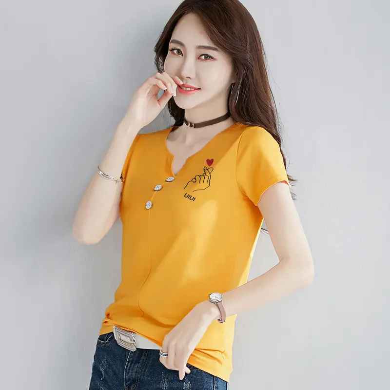 Women White V-Neck T-Shirt Slim Fit Short Sleeve - Image 5