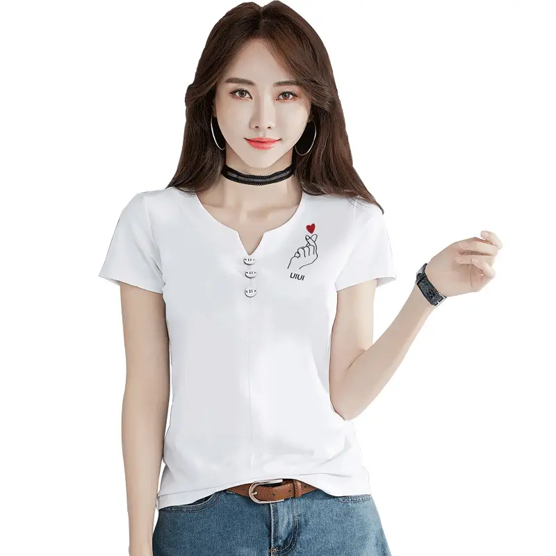 Women White V-Neck T-Shirt Slim Fit Short Sleeve - Image 7