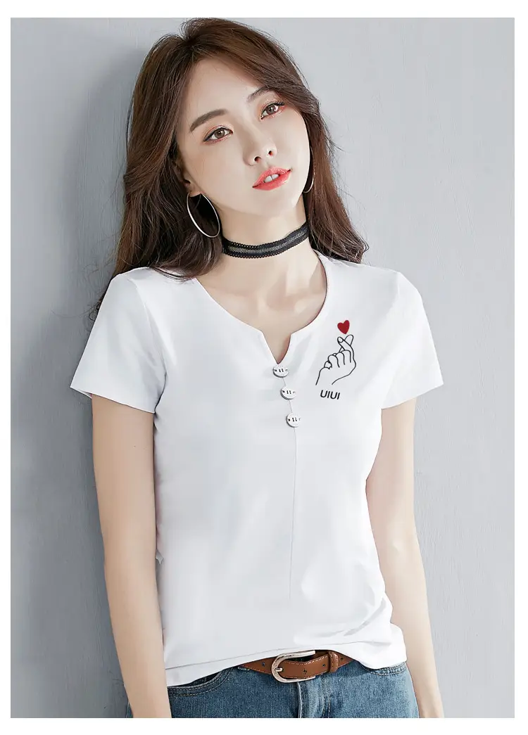 Women White V-Neck T-Shirt Slim Fit Short Sleeve — feature 10