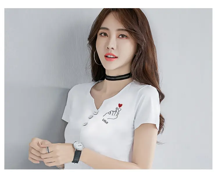 Women White V-Neck T-Shirt Slim Fit Short Sleeve — feature 12