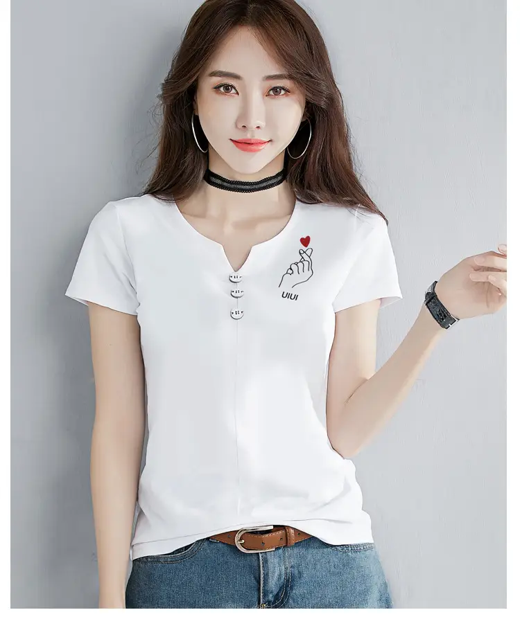 Women White V-Neck T-Shirt Slim Fit Short Sleeve — feature 13