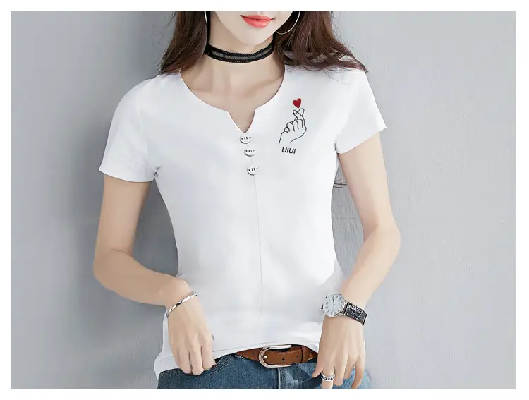 Women White V-Neck T-Shirt Slim Fit Short Sleeve — feature 16