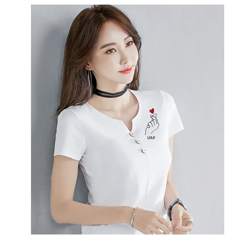 Women White V-Neck T-Shirt Slim Fit Short Sleeve — feature 7