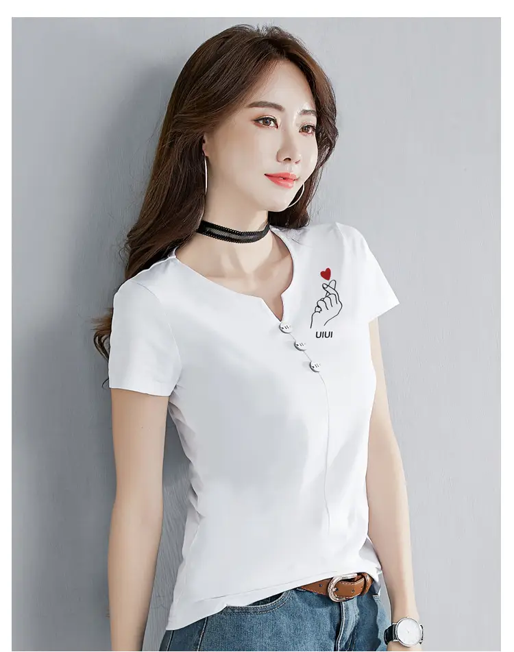 Women White V-Neck T-Shirt Slim Fit Short Sleeve — feature 8
