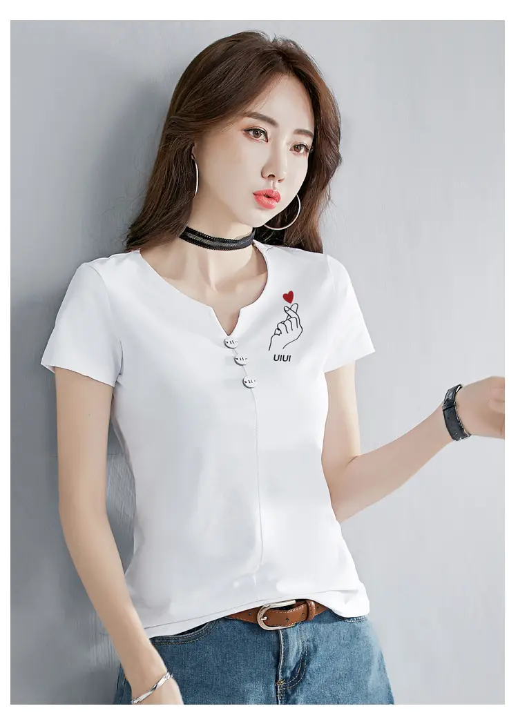 Women White V-Neck T-Shirt Slim Fit Short Sleeve — feature 9