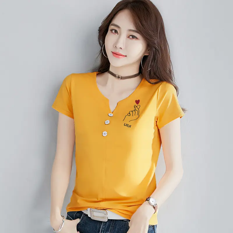 Women White V-Neck T-Shirt Slim Fit Short Sleeve - Image 2