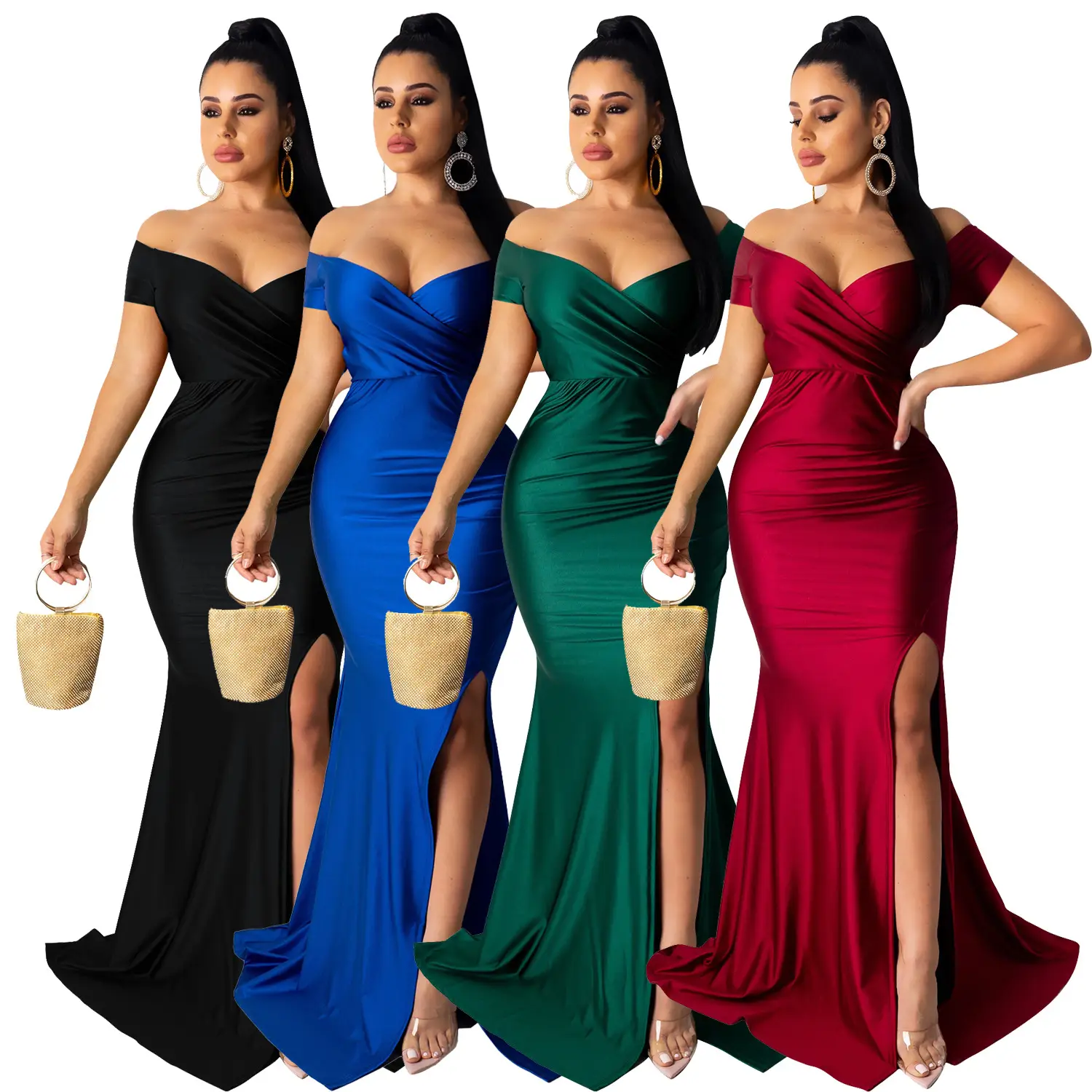 Black Long Dress with Split Hem for Women - Image 2