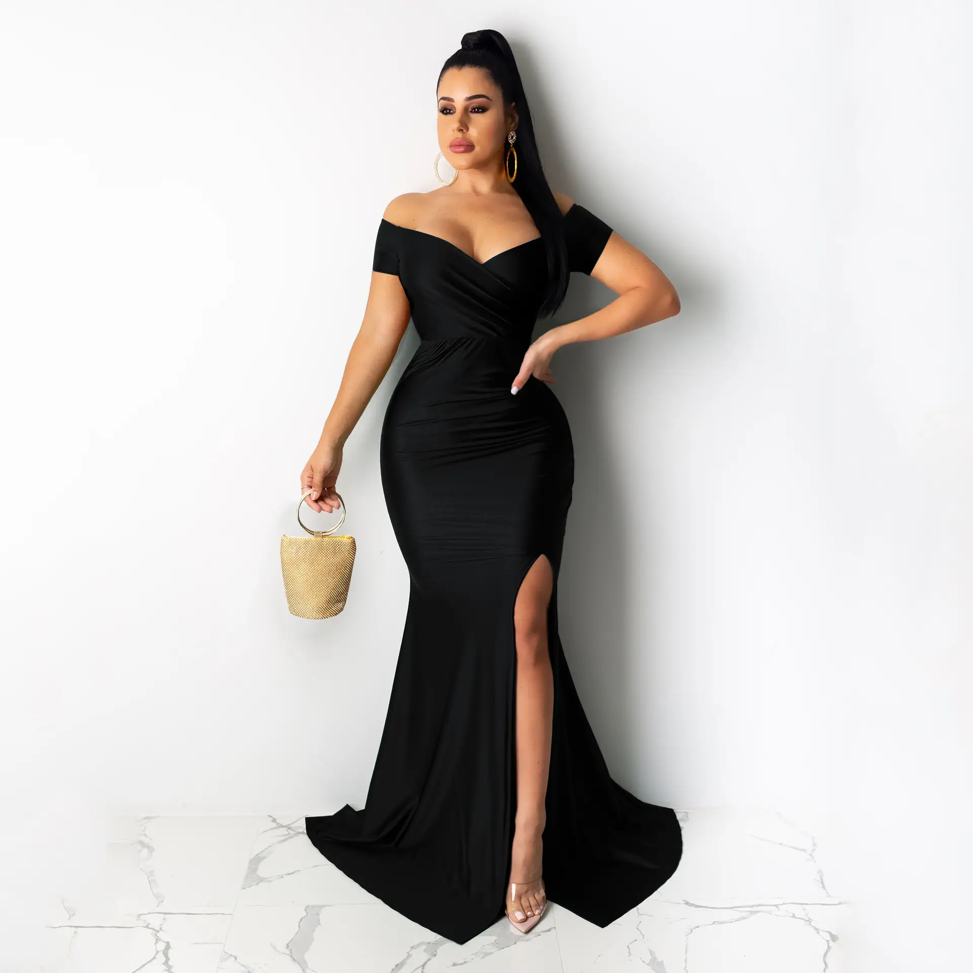 Black Long Dress with Split Hem for Women - Image 5