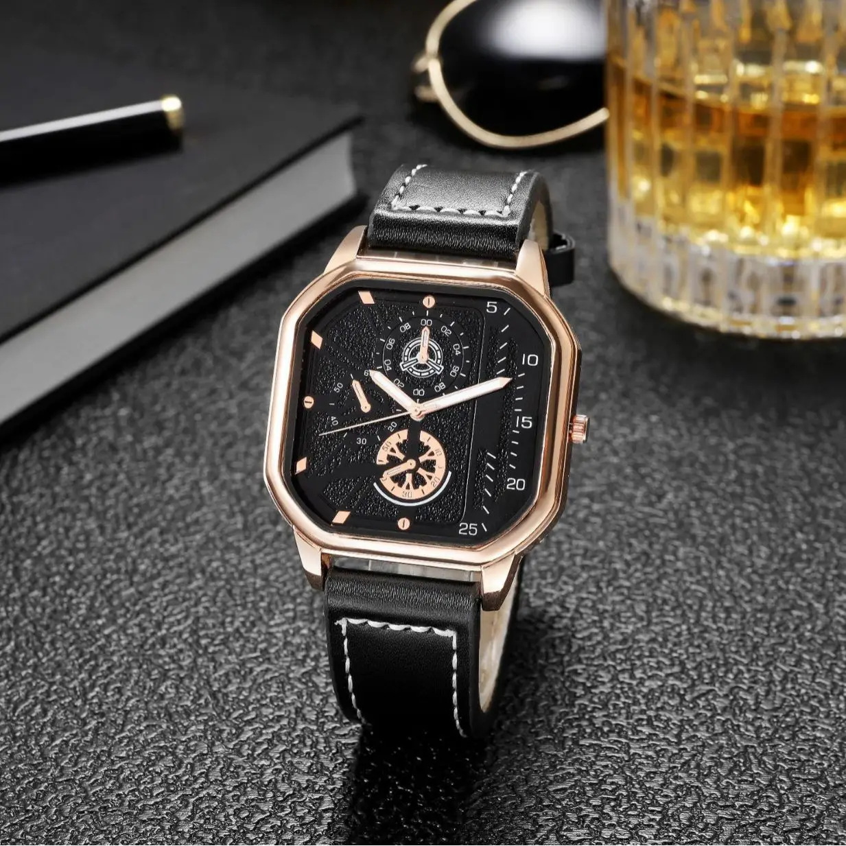Men's Rose Gold Square Watch with Skeleton Dial - Image 5