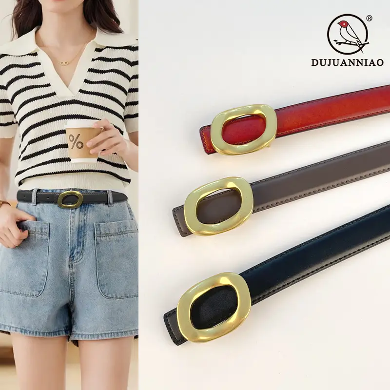 Women's Leather Belt with Gold Round Buckle Brown - Image 25