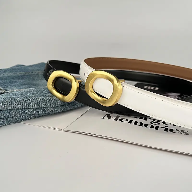 Women's Leather Belt with Gold Round Buckle Brown - Image 26