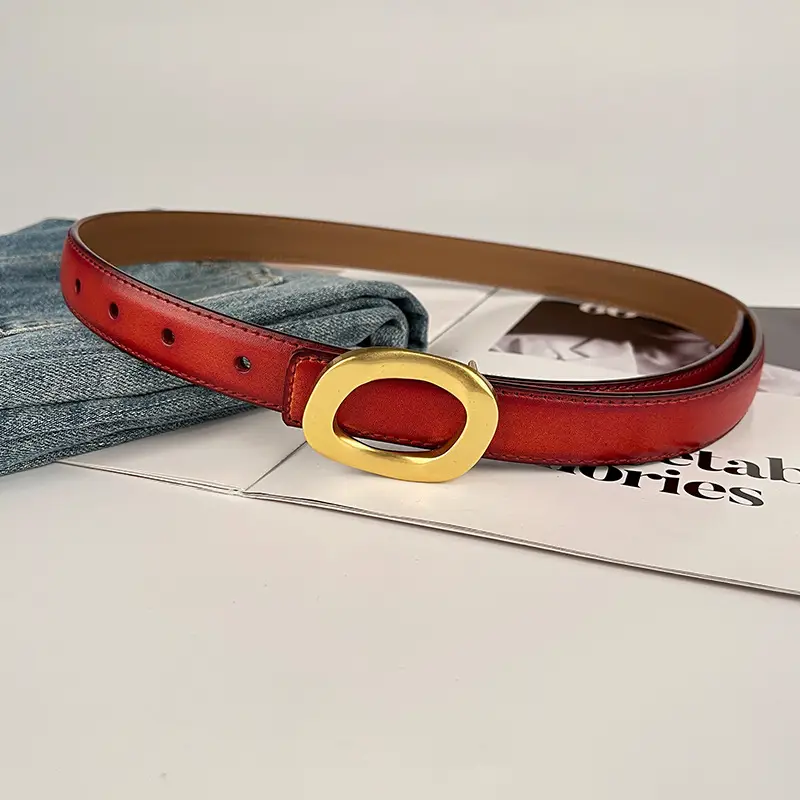 Women's Leather Belt with Gold Round Buckle Brown - Image 27