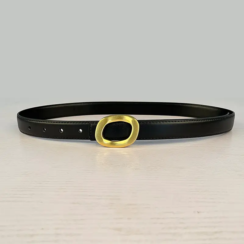 Women's Leather Belt with Gold Round Buckle Brown - Image 28