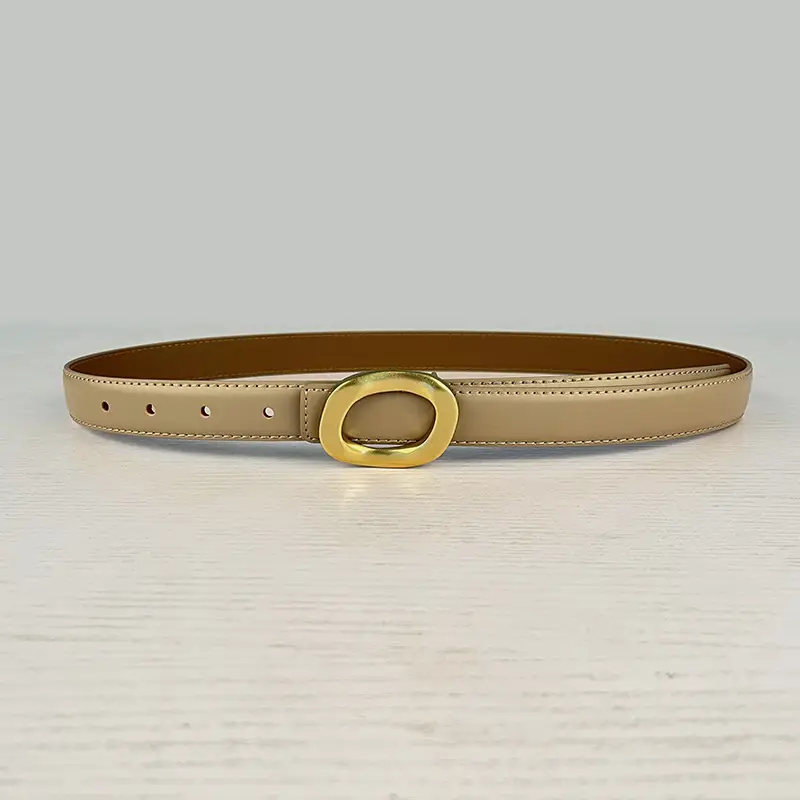 Women's Leather Belt with Gold Round Buckle Brown - Image 29