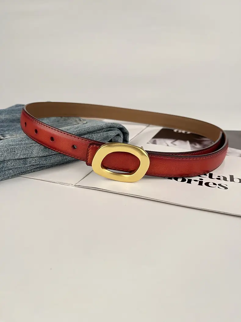 Women's Leather Belt with Gold Round Buckle Brown — feature 10