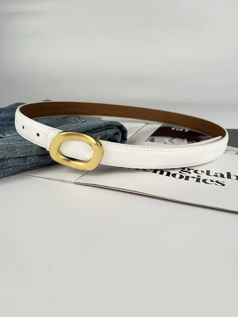 Women's Leather Belt with Gold Round Buckle Brown — feature 11
