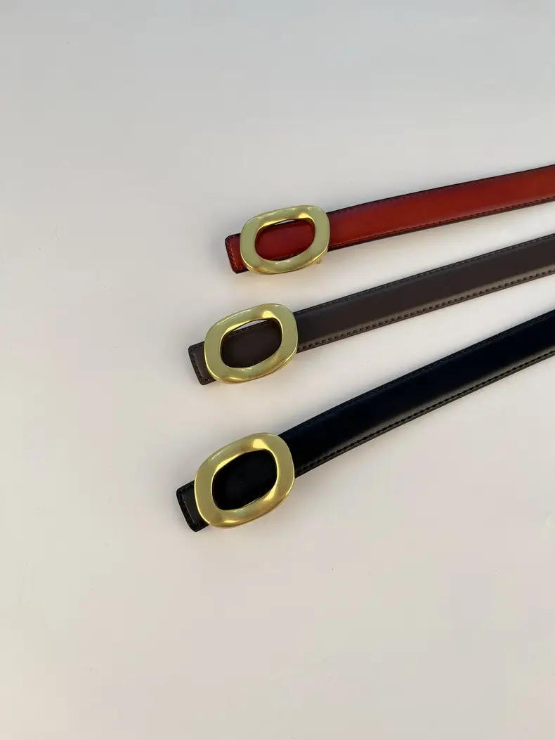 Women's Leather Belt with Gold Round Buckle Brown — feature 3
