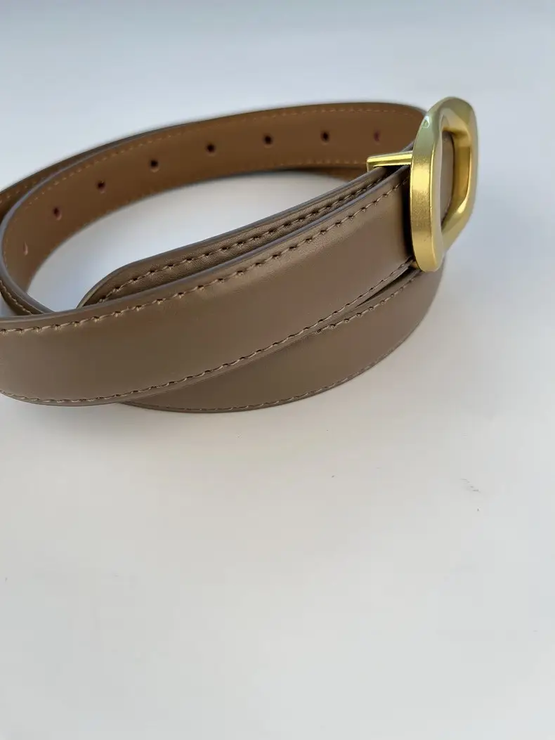 Women's Leather Belt with Gold Round Buckle Brown — feature 4