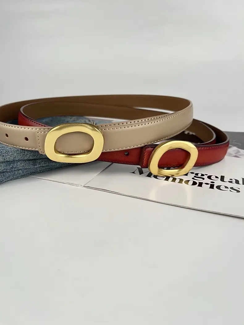 Women's Leather Belt with Gold Round Buckle Brown — feature 5
