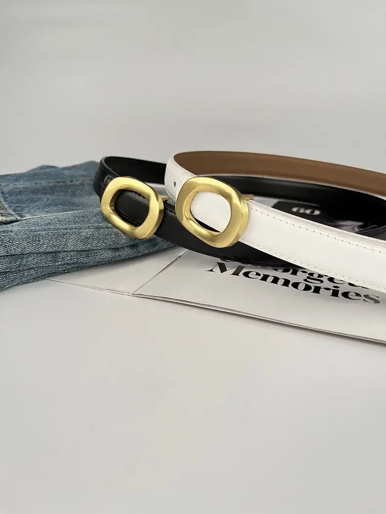 Women's Leather Belt with Gold Round Buckle Brown — feature 6