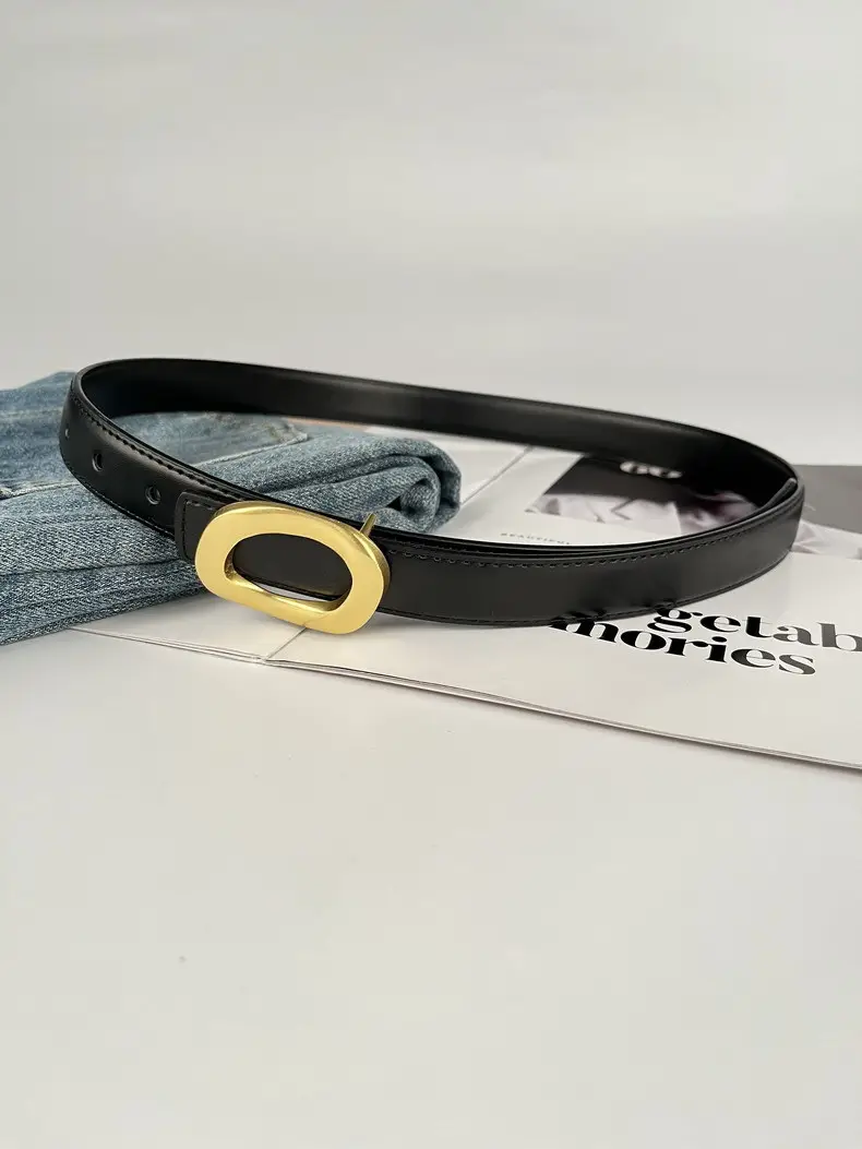 Women's Leather Belt with Gold Round Buckle Brown — feature 7
