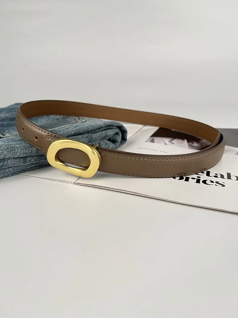 Women's Leather Belt with Gold Round Buckle Brown — feature 8