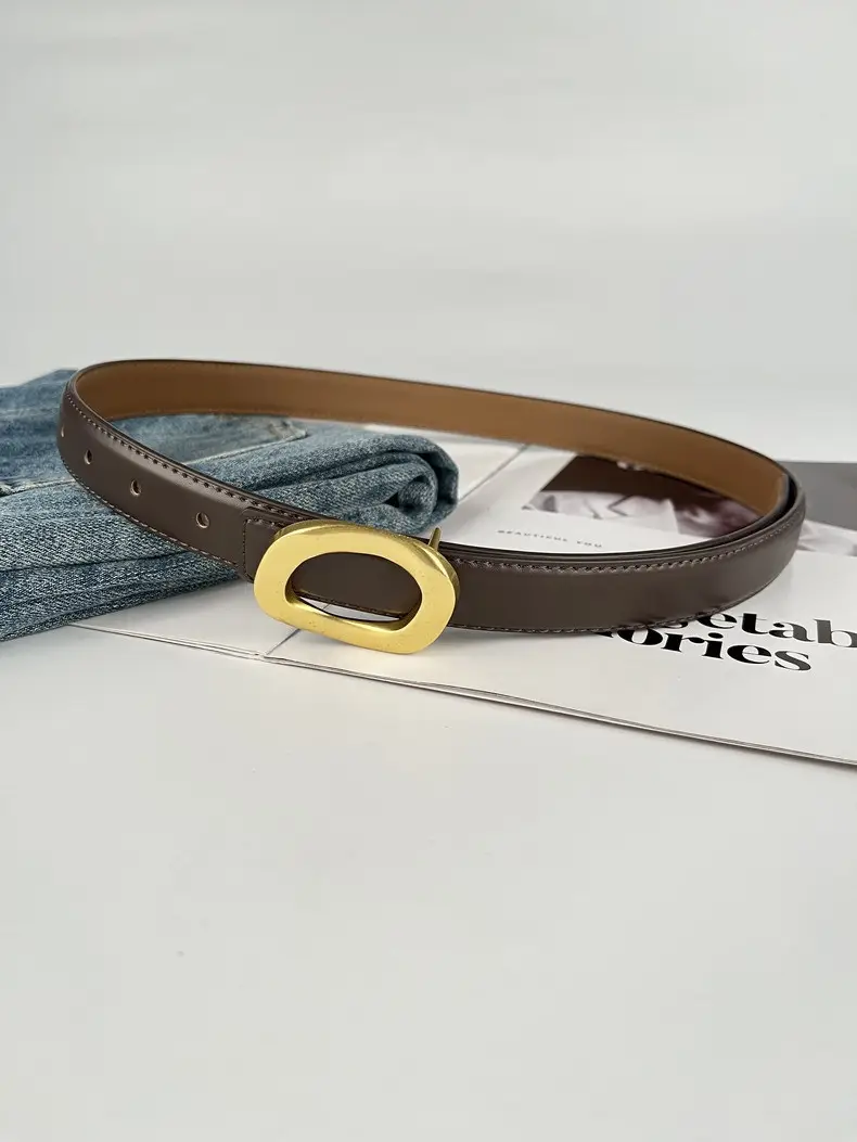 Women's Leather Belt with Gold Round Buckle Brown — feature 9
