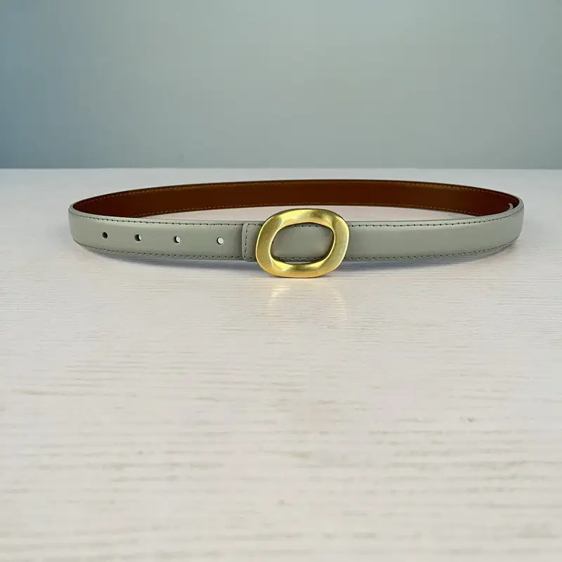 Women's Leather Belt with Gold Round Buckle Brown - Image 10