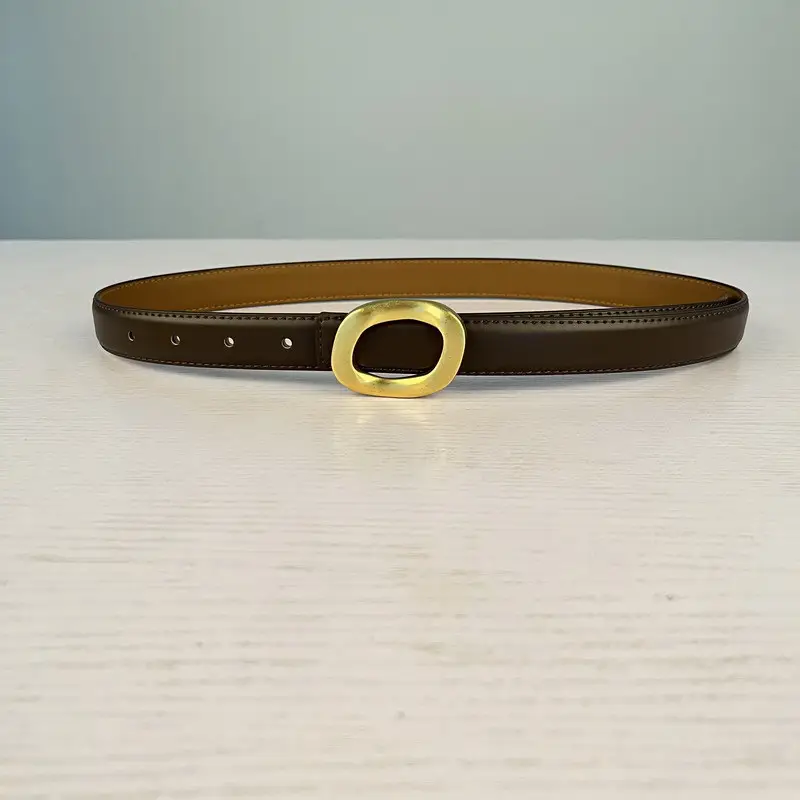 Women's Leather Belt with Gold Round Buckle Brown - Image 11