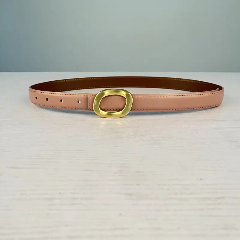Women's Leather Belt with Gold Round Buckle Brown - Image 12